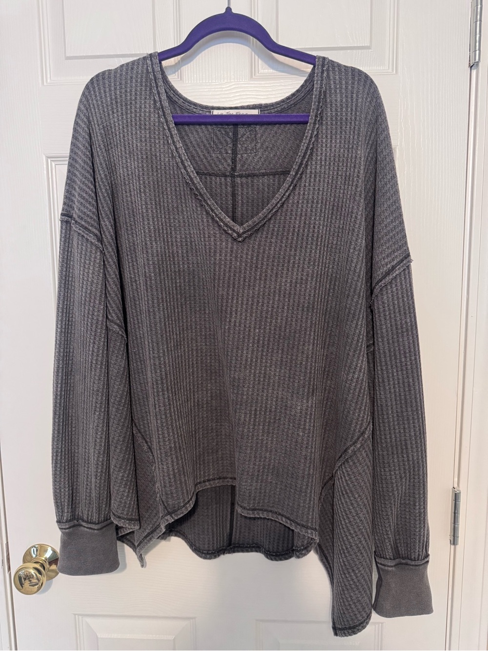We The Free Washed Gray Waffle Knit oversized Off-Shoulder Sweater - Picture 4 of 6